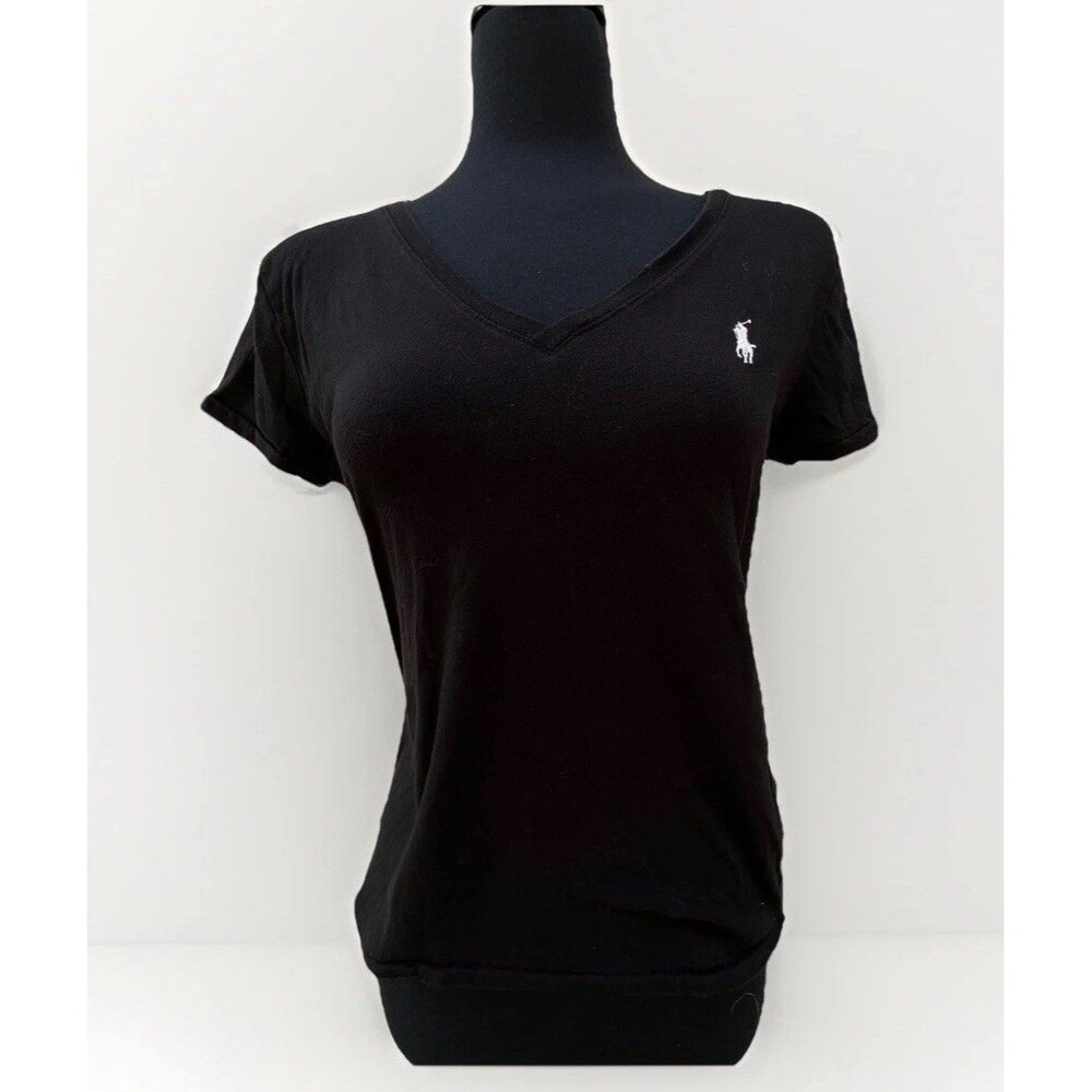 Polo Ralph Lauren Medium Sport T-Shirt Women Black V-Neck 100% Cotton Pony Logo